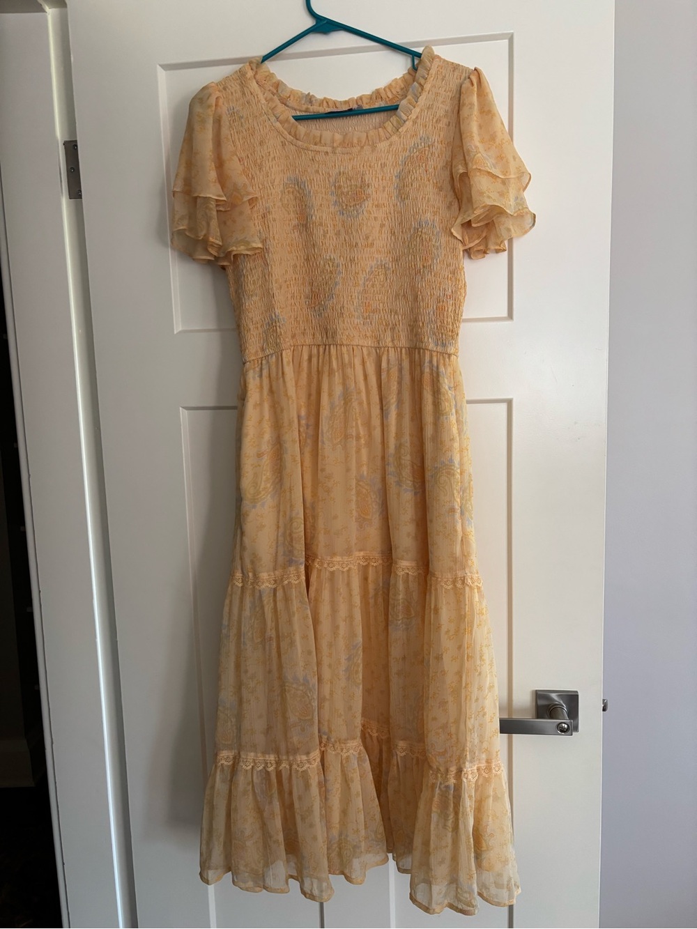 Ivy City Co Pale Yellow Floral Maxi Dress with Ruffle Sleeves